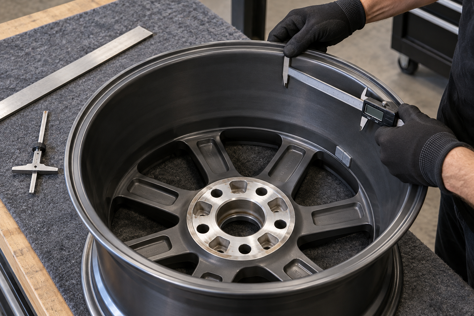 Inside of a removed alloy wheel showing its barrel, spoke backs, mounting face and balance weights