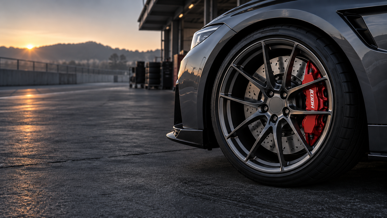 Performance car wheel and visible brake caliper at a racetrack paddock