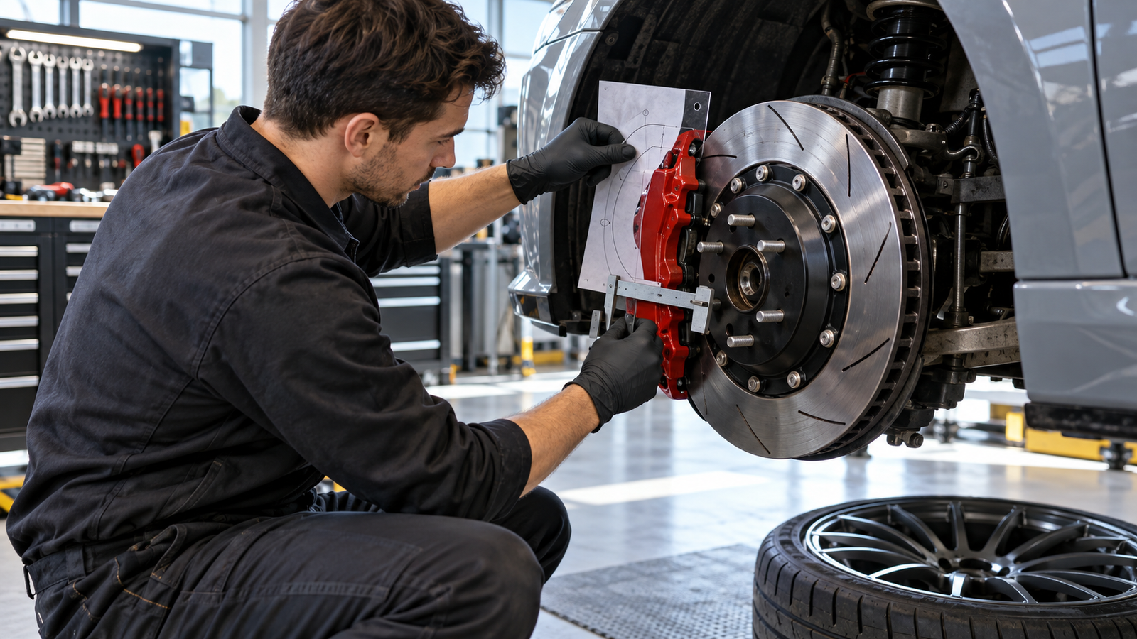 Technician checking wheel and brake-kit fitment before installation