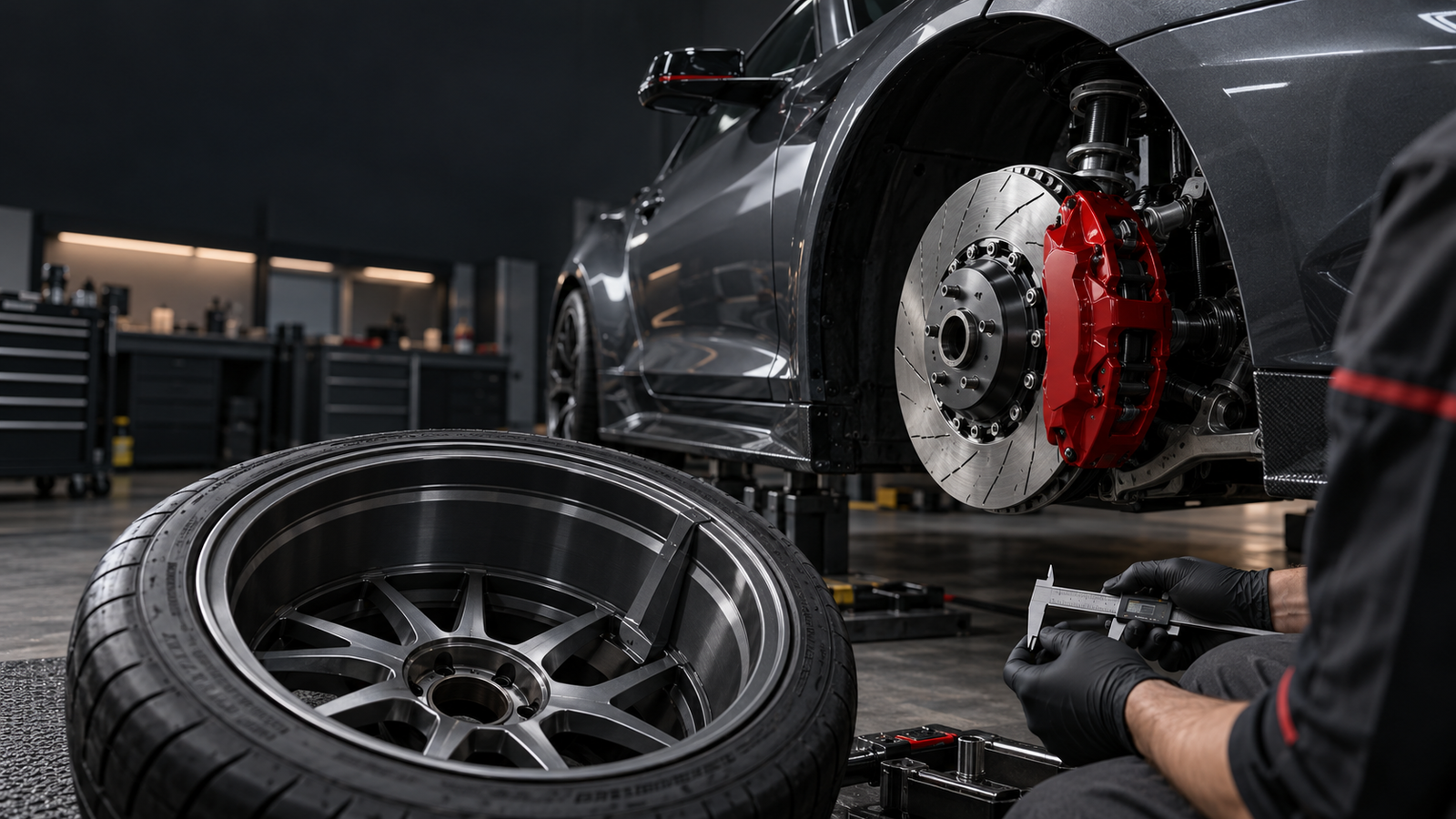 Performance brake kit and wheel being checked in a workshop